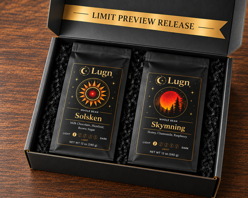 Lugn Night & Day coffee gift set with Solsken and Skymning whole bean bags in a black presentation box